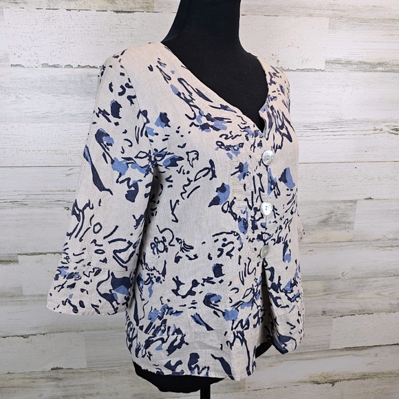 Luca Vanucci Linen Top Medium Beige Abstract Italian Minimalist Neutral V-Neck - Picture 3 of 12